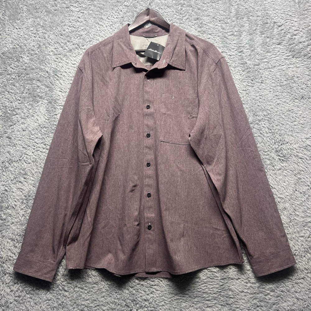 Eddie Bauer Line‎ Up Tech Chambray Shirt Mens XXL 2XL Heathered Burgundy New